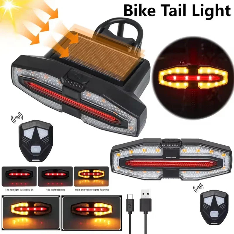 Lumini Smart LED Bicicletă cu Semnalizare Direcție, Stop, Încărcare Solară&USB + Telecomandă Wireless