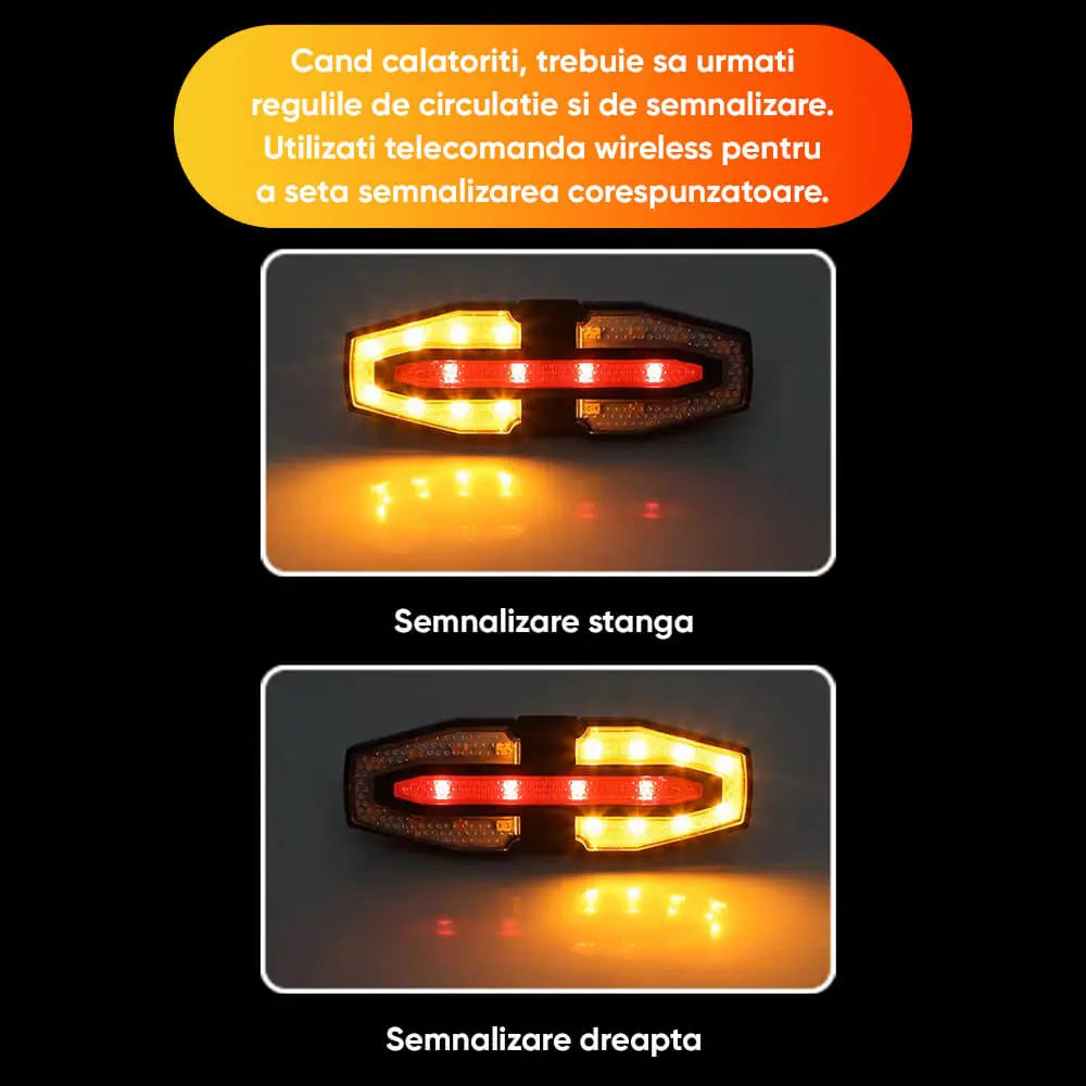 Lumini Smart LED Bicicletă cu Semnalizare Direcție, Stop, Încărcare Solară&USB + Telecomandă Wireless